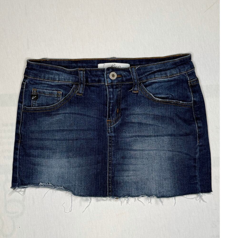 KanCan Dark Wash Denim Mini Skirt Raw Hem Frayed Size 25